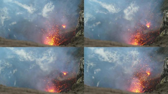 特写: 灼热的熔岩从Yasur山的活跃火山口飞出。