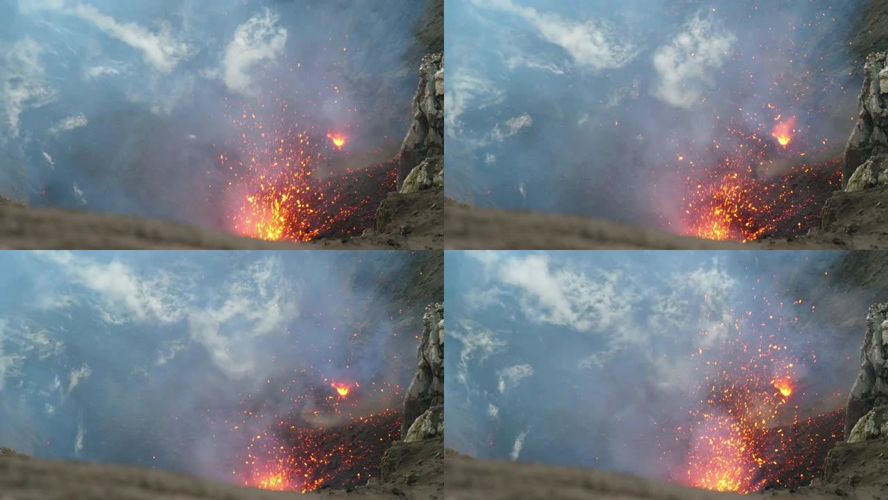 特写: 灼热的熔岩从Yasur山的活跃火山口飞出。