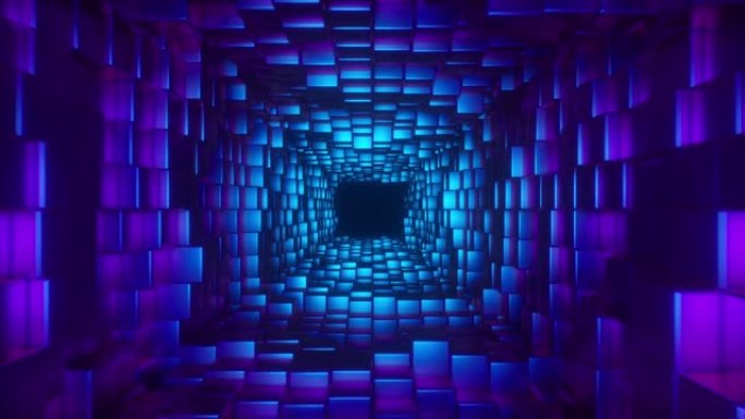 抽象飞行在未来主义走廊，无缝循环4k背景，荧光紫外光，几何无尽隧道，蓝色粉色光谱，3d渲染。方形砌块