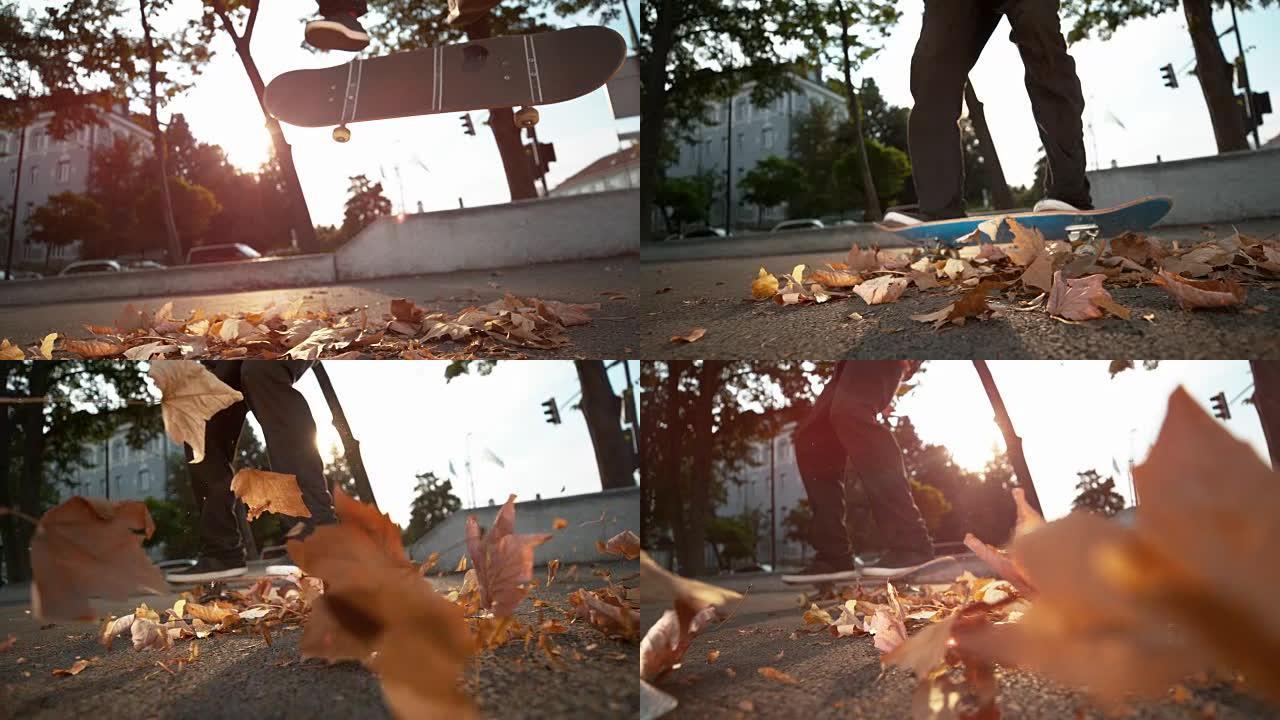 慢动作: 酷炫的溜冰者花花公子在五颜六色的秋叶上轻弹。