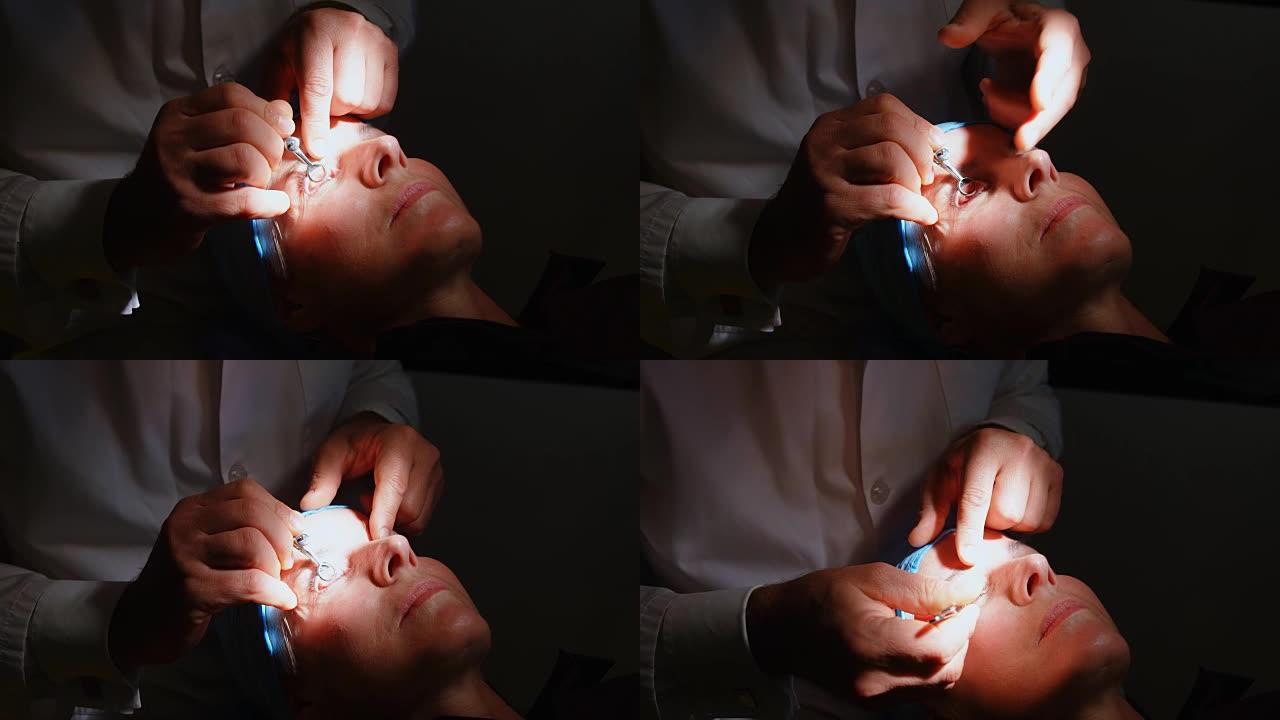验光师在诊所用眼科测试设备检查患者的眼睛4k