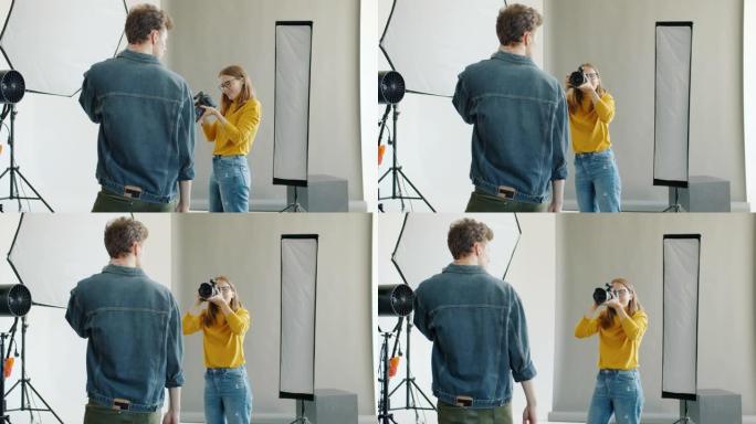 摄影师在摄影棚中使用相机拍摄男模特的慢动作