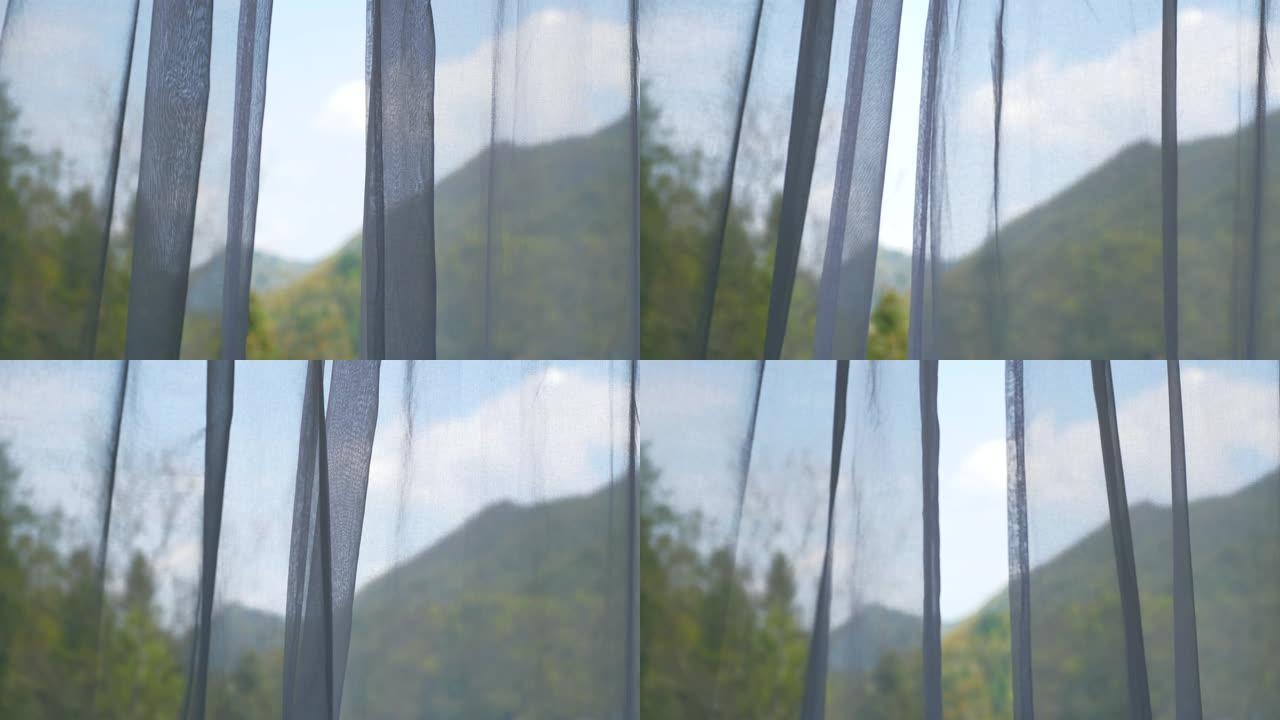用吹窗帘打开窗户微风吹动窗帘视频素材自然