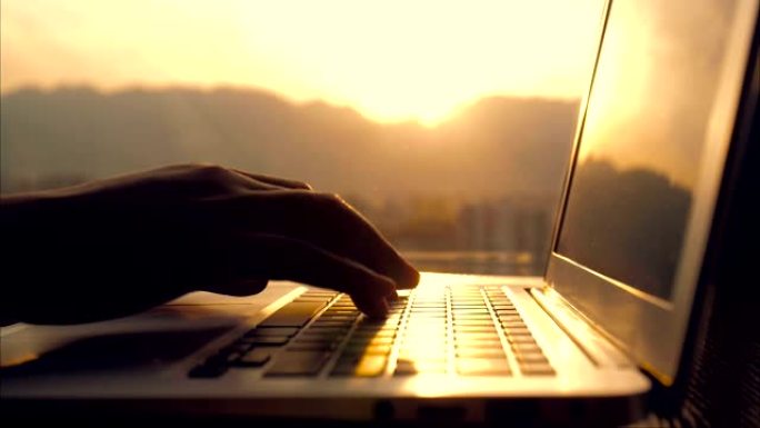 特写女人用手在阳光下在笔记本电脑上打字