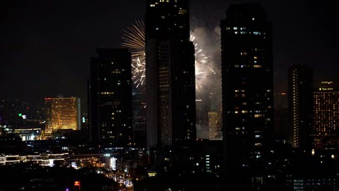 曼谷城市景观的4k镜头场景，夜间烟花，城市和城市景观概念