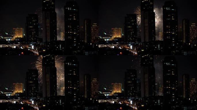 曼谷城市景观的4k镜头场景，夜间烟花，城市和城市景观概念