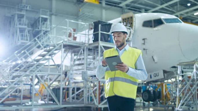 穿着安全背心和安全帽的飞机开发工程师使用数字平板电脑对飞机设计设施中的飞机设计进行分析，检查和工作