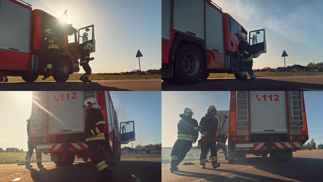 消防员救援队到达他们的消防车上的坠机，灾难，火场。消防员抓住他们的设备，从消防车上准备消防水带和装备