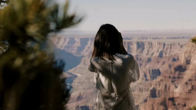 后视图年轻快乐的旅行者女人享受令人难以置信的大峡谷史诗全景反射，触摸头发。
