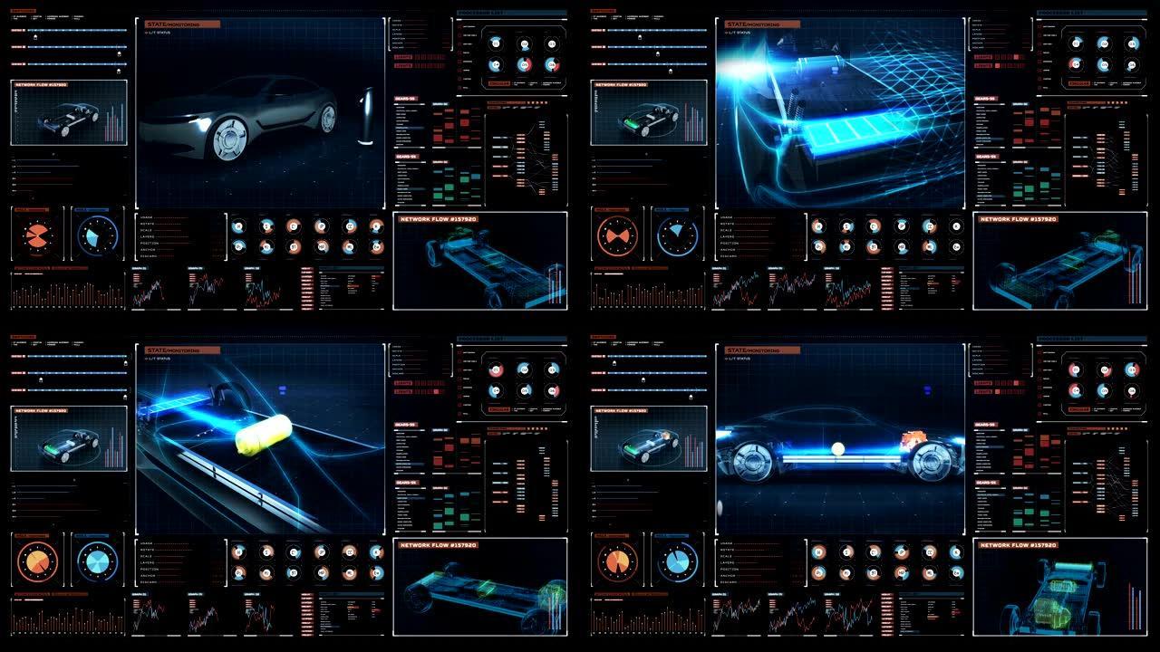数字未来派显示界面中的旋转电子，混合动力，充电锂离子电池回声车。环保未来汽车。4k电影1。