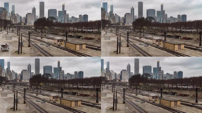 延时: 芝加哥天际线建筑背景的通勤铁路轨道美国芝加哥