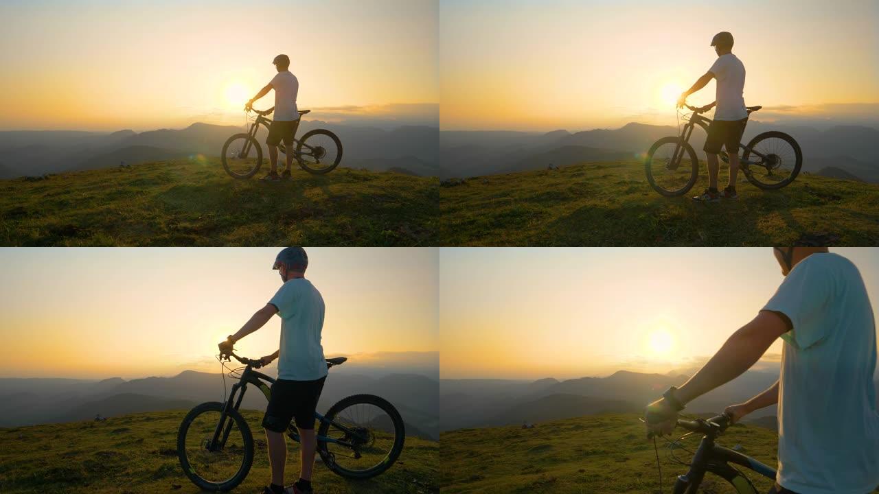镜头耀斑: 人骑自行车后休息，观察傍晚的风景。