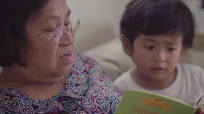 亚洲高级妇女和孙子，正在读书