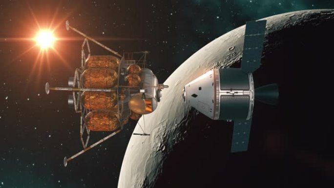 在月球背景上解开空间站和月球着陆器的太空舱