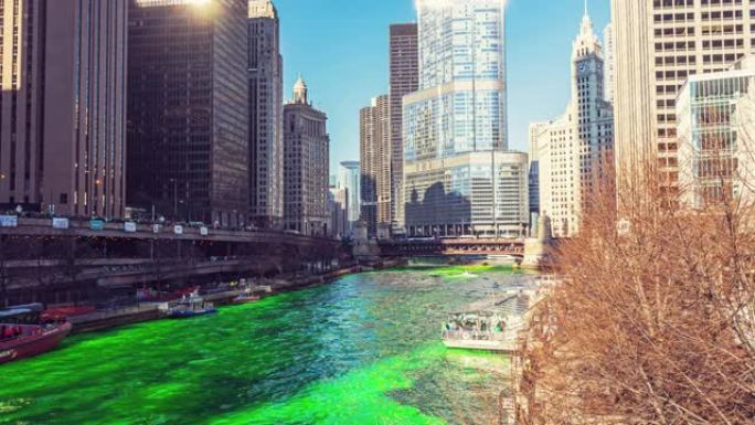 美国伊利诺伊州圣帕特里克节芝加哥河的时间流逝