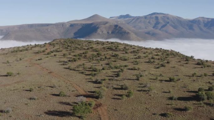 4K鸟瞰图的狩猎4x4游戏驾驶车辆通过一个公园与美丽的风景山和雾的背景