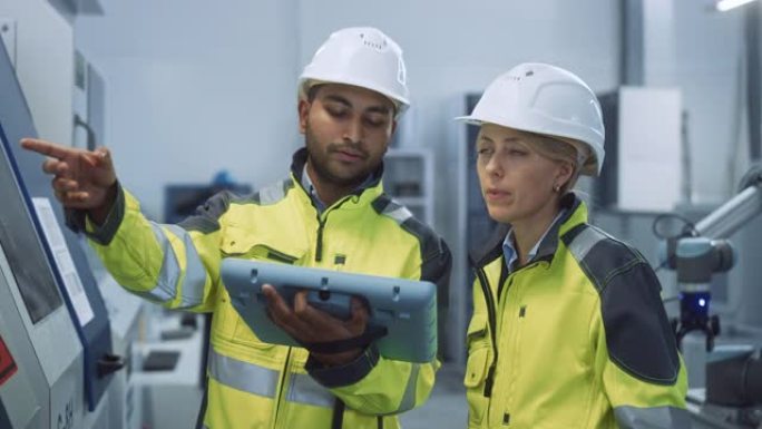总工程师和项目经理穿着安全背心和安全帽，在现代工厂中使用数字平板控制器，说话，优化数控机械，提高生产