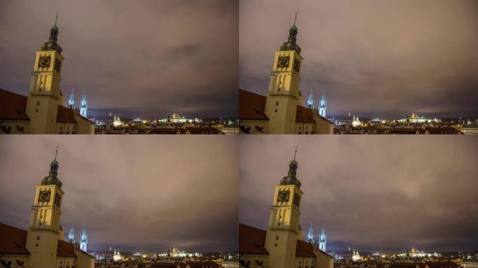 捷克共和国布拉格，夜间，MS时间流逝的云在城市景观上移动