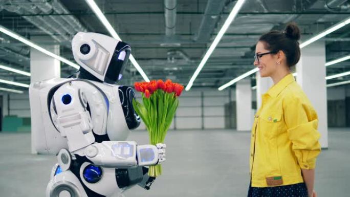 类人机器人正在给一个年轻女子送花