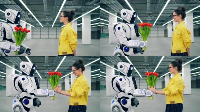 类人机器人正在给一个年轻女子送花