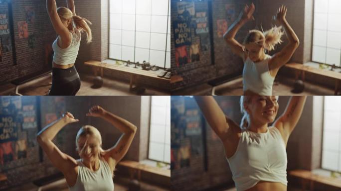 超级快乐运动金发女孩的肖像跳跃、跳舞和庆祝她在训练、锻炼、体重、力量、肌肉和体脂方面的成功