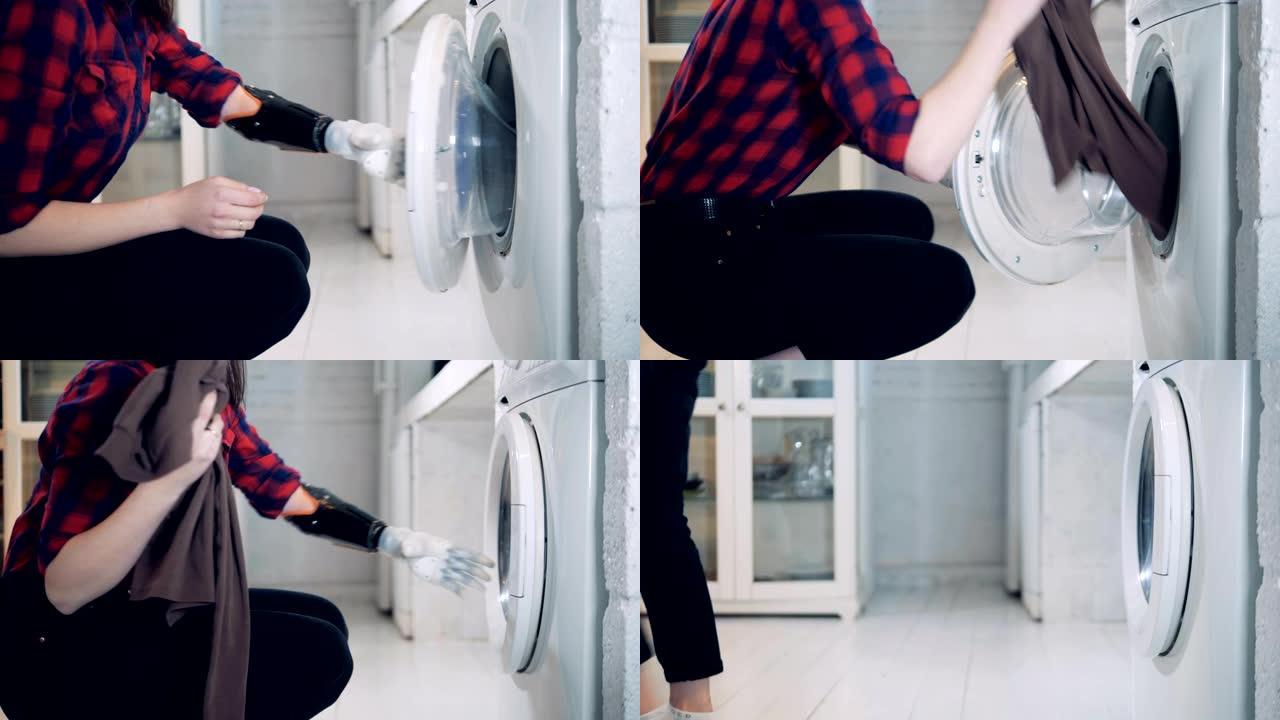 一位拥有仿生手臂的女士从洗衣机中取出衣服