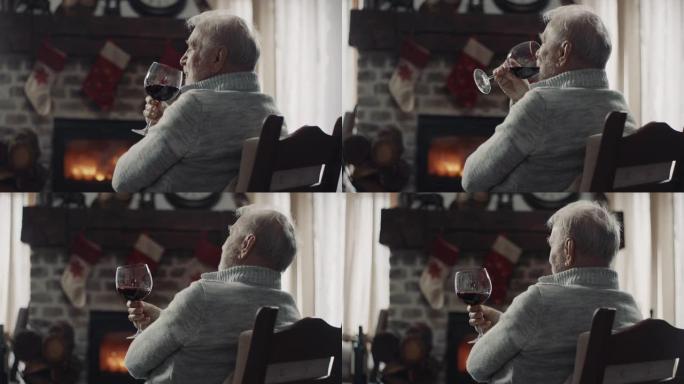 高级男子喝酒喝红酒的外国人退休生活背影男