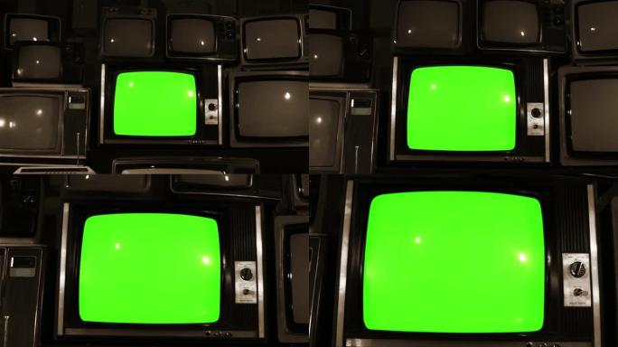 80年代电视绿屏与许多80年代电视。多莉进来了。棕褐色色调。