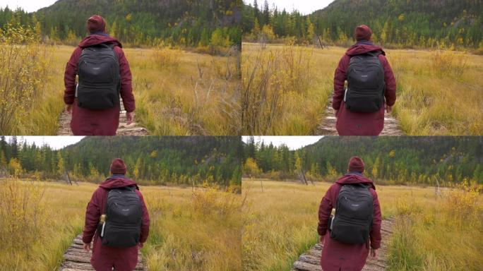 户外活动旅行概念大自然中的人。国家公园野外路上散步的人的背景图。一名30多岁的游客在自然景观中徒步旅