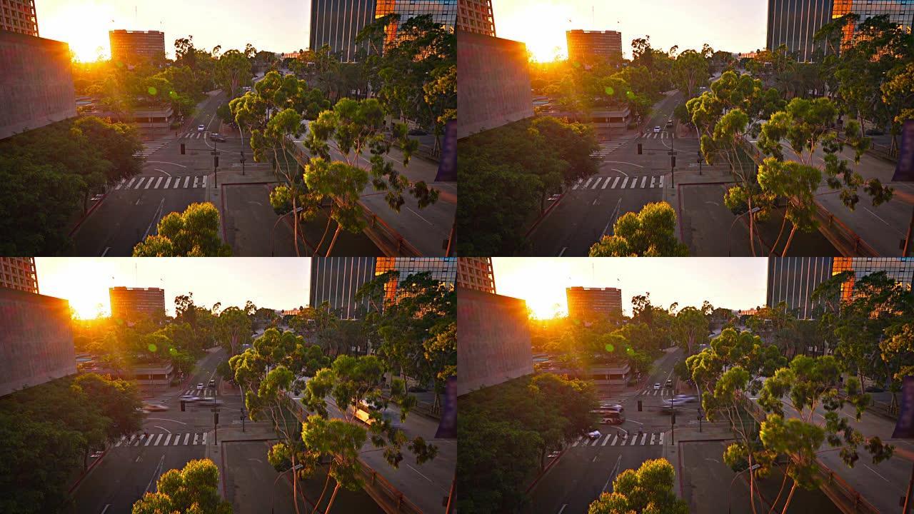 日落。绿色城市。洛杉矶商业中心