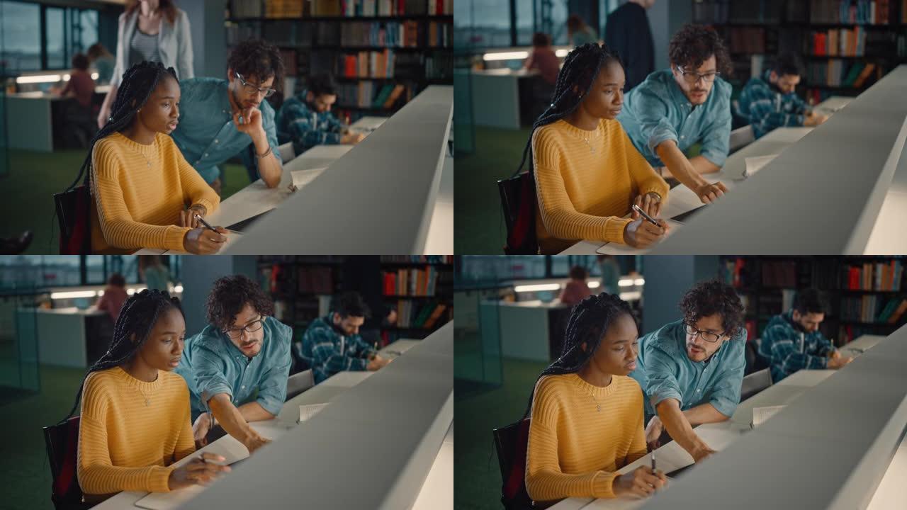 大学图书馆: 有天赋的黑人女孩使用笔记本电脑，聪明的同学解释并帮助她完成课堂作业。快乐多样的学生一起