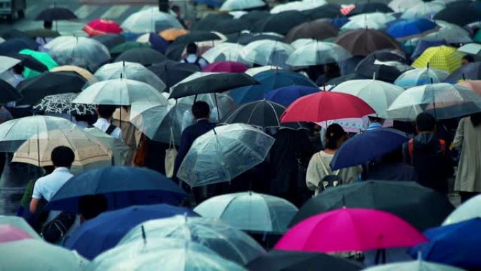 日本商人上午上班打伞下雨天