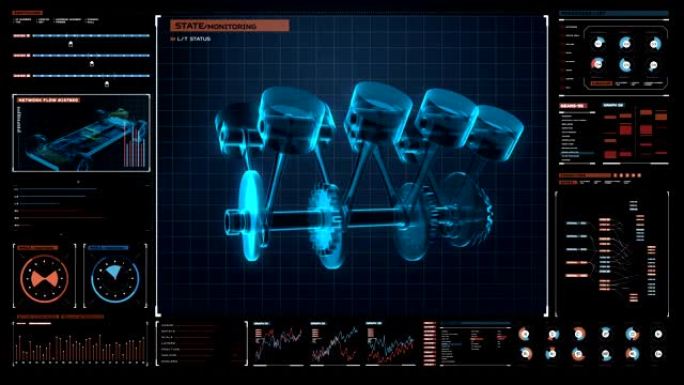 旋转发动机活塞阀，电子，混合动力汽车在数字未来派显示界面。4k电影2。