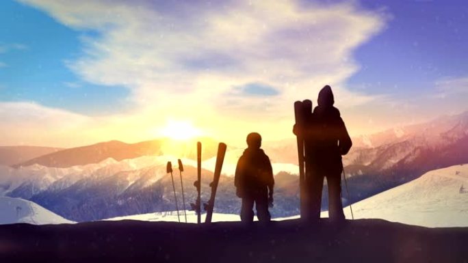 山顶上的家庭滑雪者。