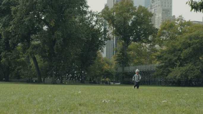 在中央公园跑步的亚洲男婴。美国