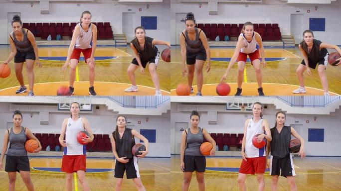 三名女运动员运球篮球并摆姿势拍照