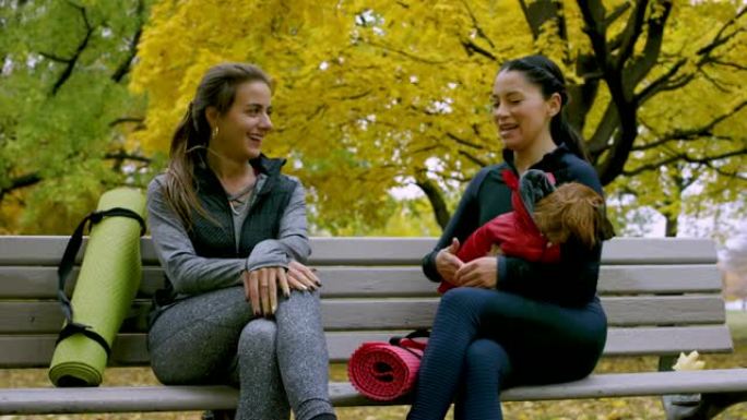 成年女性朋友在瑜伽后与狗一起坐在公园的长凳上