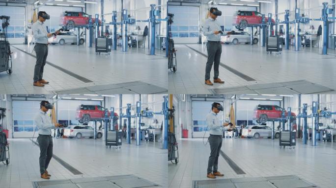 专家戴着虚拟现实耳机，并在汽车服务中拿着两个操纵杆。机械师正在未来技术的帮助下调查故障。现代车间的修