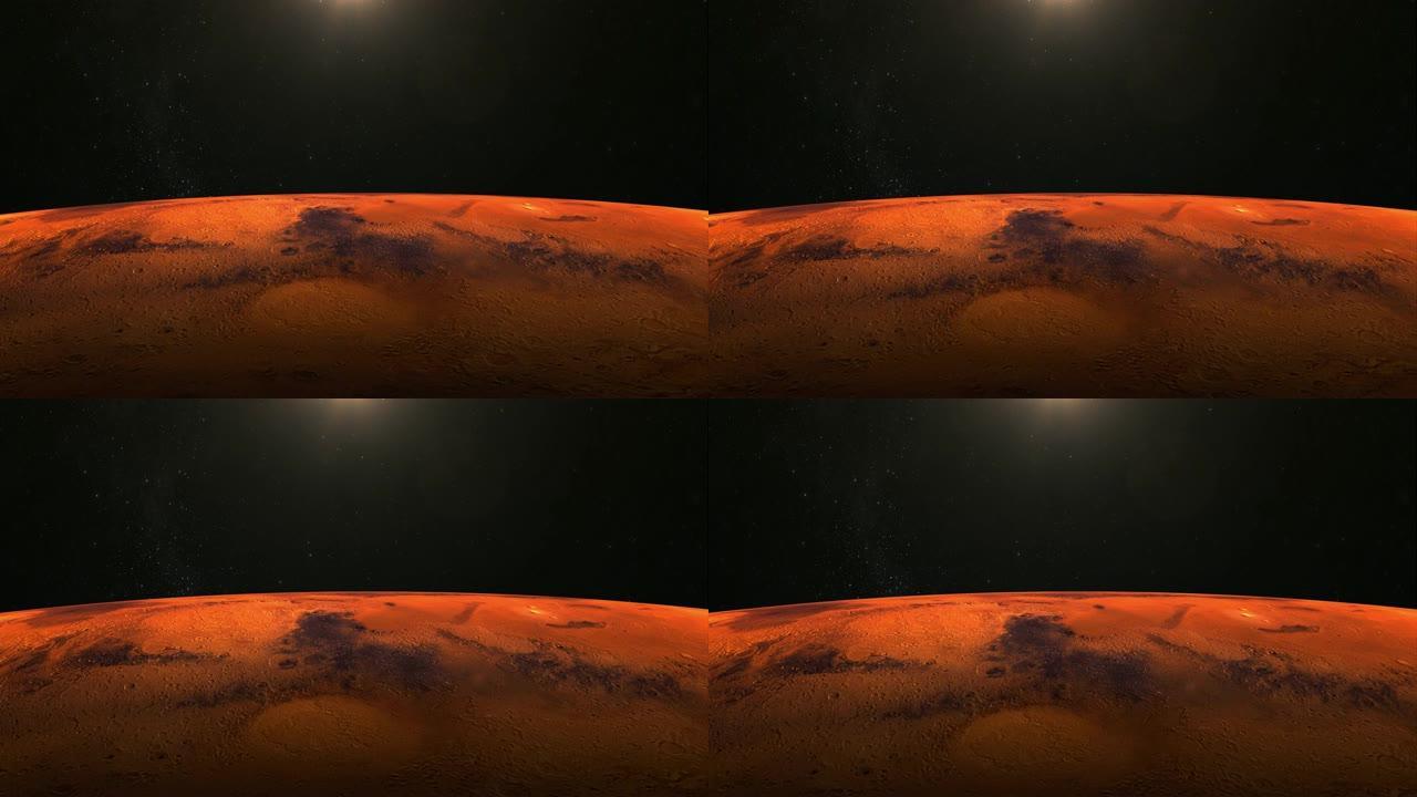 来自太空的火星。星星闪烁。飞越火星。4K.日出。火星缓慢旋转。摄像机向前移动。