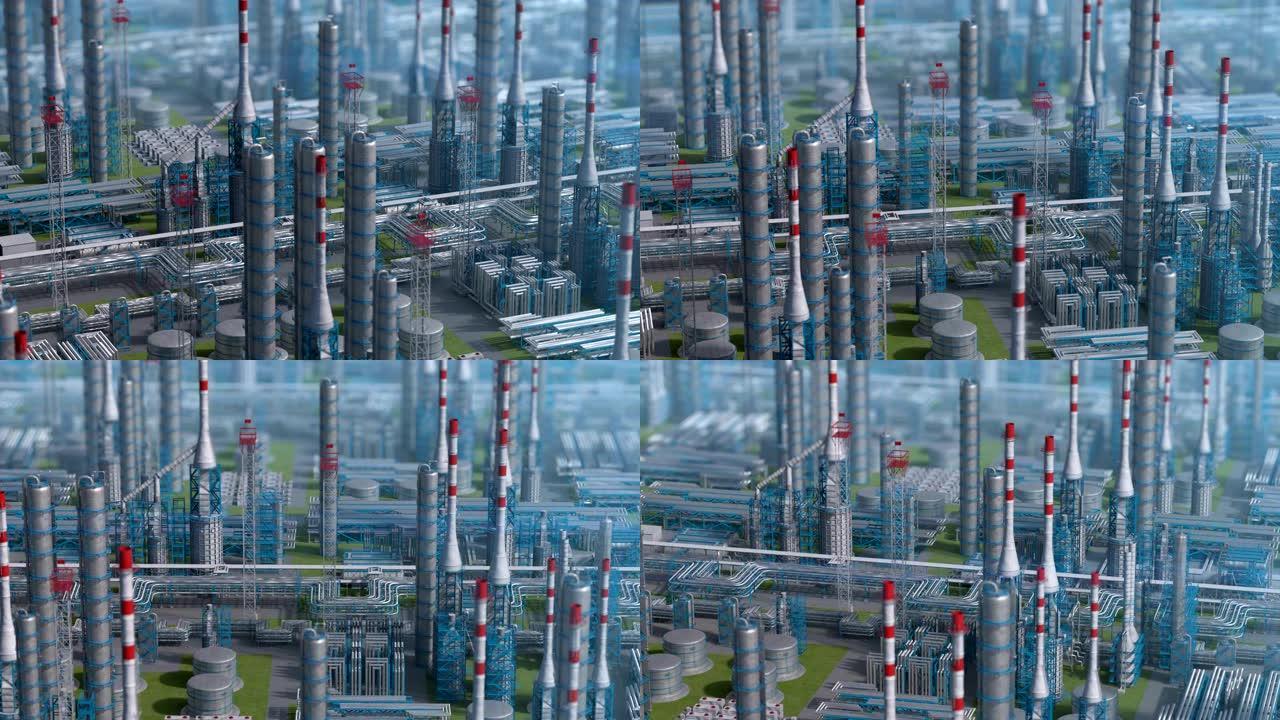 石油和天然气精炼厂工厂，轨道视图，散焦镜头，工业石油区，钢管和储油罐。空中无人机飞越植物拍摄。3D生