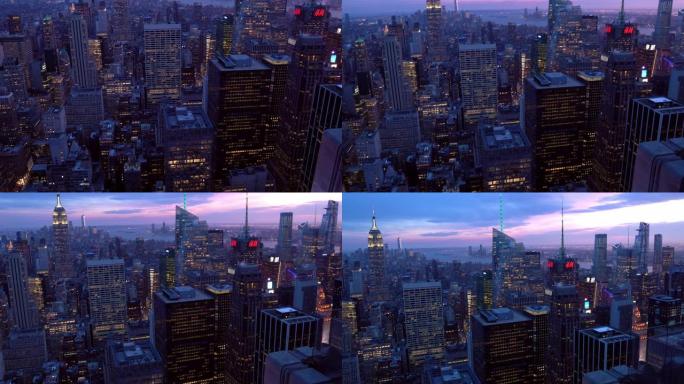 平移镜头: 曼哈顿纽约日落的高角度视图。美国生活方式城市景观和旅游概念。