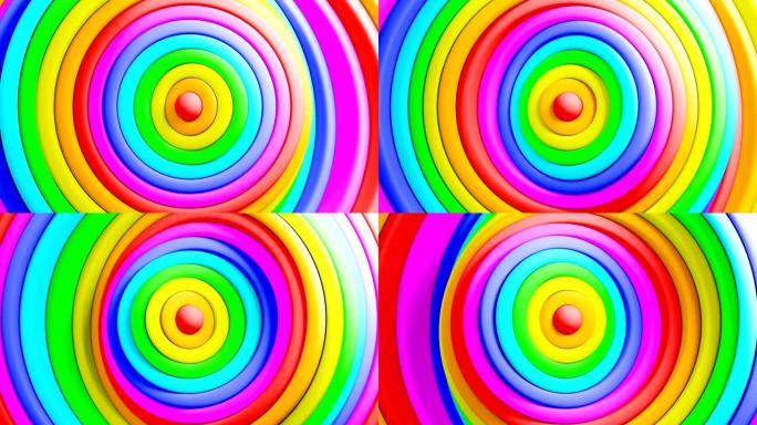 美丽的抽象彩虹色圆圈挥舞着无缝的背景。彩色戒指转动图案的循环3d动画。艺术概念。