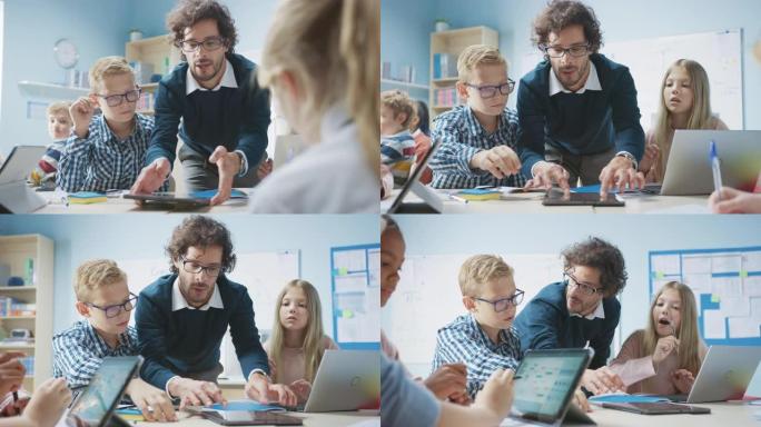 小学教室: 热情的老师拿着平板电脑向才华横溢的幼儿讲解课程。孩子们学习编程语言，互联网安全和软件设计