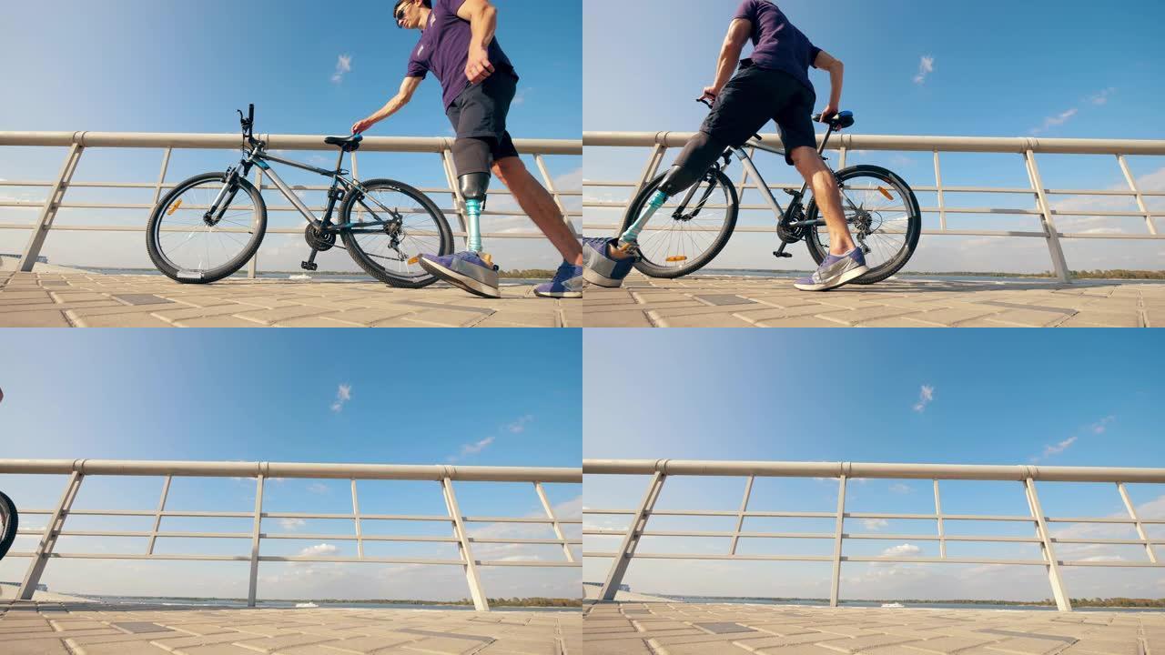 一个模仿腿的男人正骑着自行车走开