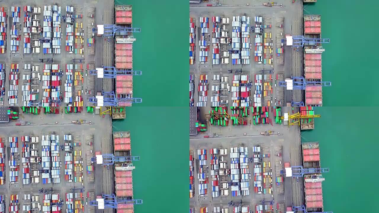 马六甲海峡鸟瞰港集装箱码头集装箱船在新加坡深水港进出口和商业物流