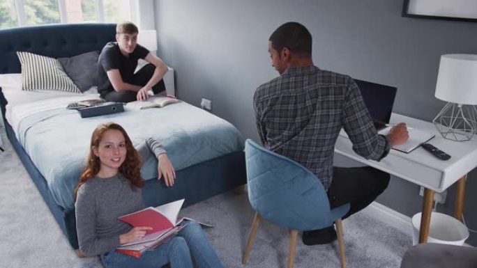 一群男女大学生在合租的卧室里一起学习——慢镜头拍摄