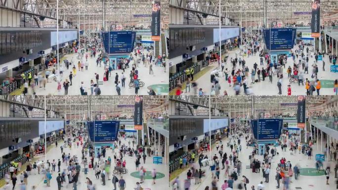 英国伦敦滑铁卢火车站售票厅的延时步行通勤人群