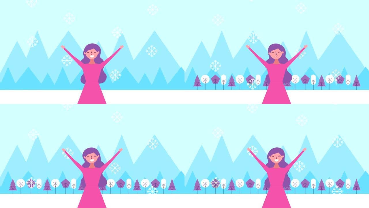 女人和森林的冬季雪景场景