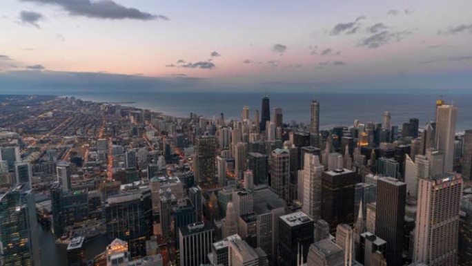 芝加哥天际线白天到晚上的延时鸟瞰图