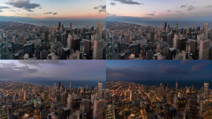 芝加哥天际线白天到晚上的延时鸟瞰图
